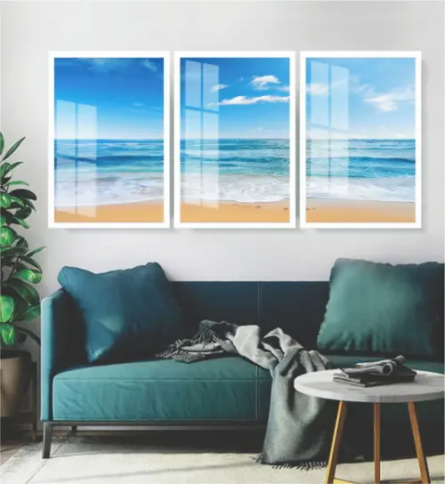 Kit 3 Quadros Decorativos Paisagem Praia Mar Azul com Vidro