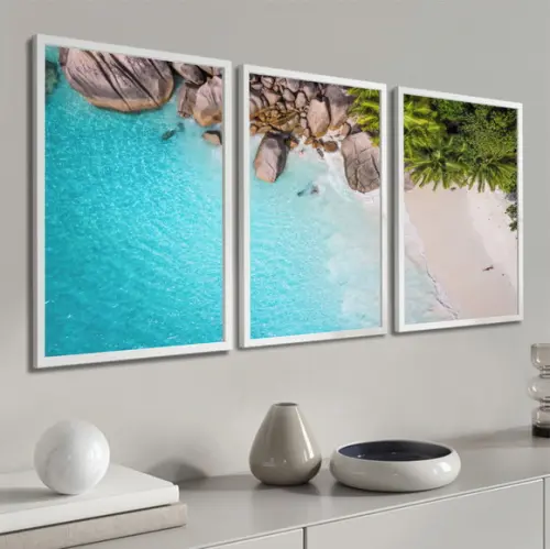 Kit 3 Quadros Decorativos Paisagem Praia Mar Azul Moldura