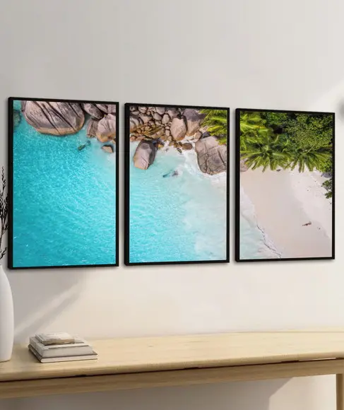 Kit 3 Quadros Decorativos Paisagem Praia Mar Azul Moldura