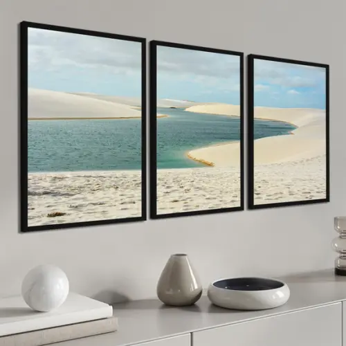 Kit 3 Quadros Decorativos Paisagem Praia Mar Dunas Moldura