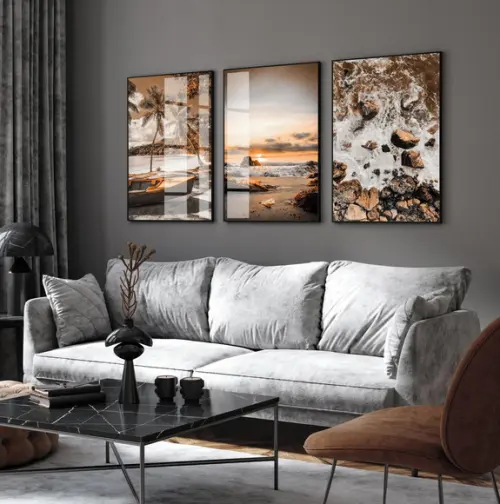 Kit 3 Quadros Decorativos Paisagem Praia Mar Moldura e Vidro