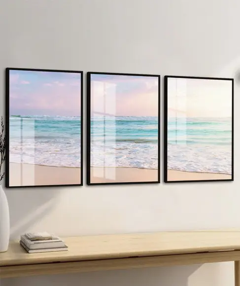 Kit 3 Quadros Decorativos Paisagem Praia Mar Moldura e Vidro