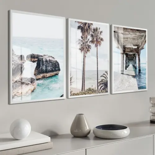 Kit 3 Quadros Decorativos Paisagem Praia Mar Moldura e Vidro