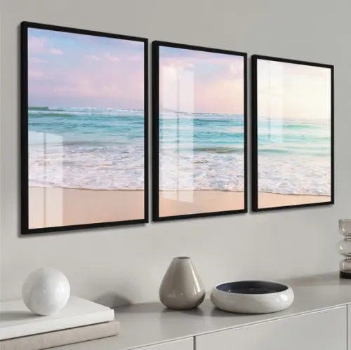 Kit 3 Quadros Decorativos Paisagem Praia Mar Moldura e Vidro