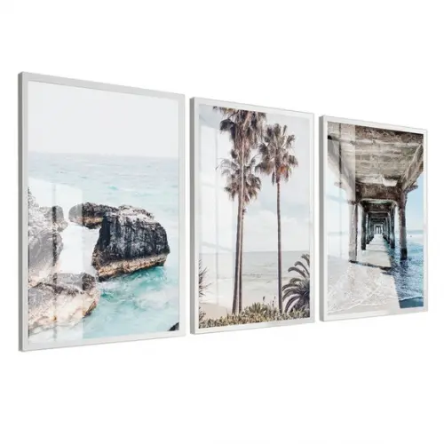 Kit 3 Quadros Decorativos Paisagem Praia Mar Moldura e Vidro