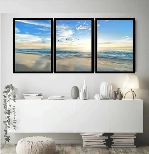 Kit 3 Quadros Decorativos Paisagem Praia Mar Ondas Molduras