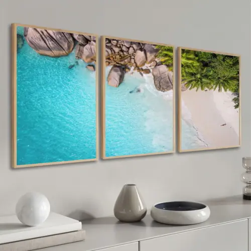Kit 3 Quadros Decorativos Paisagem Praia Mar Pedras Moldura