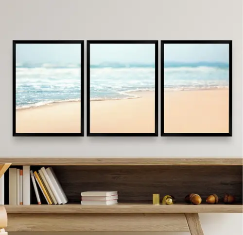 Kit 3 Quadros Decorativos Paisagem Praia Mar Sala Moldura