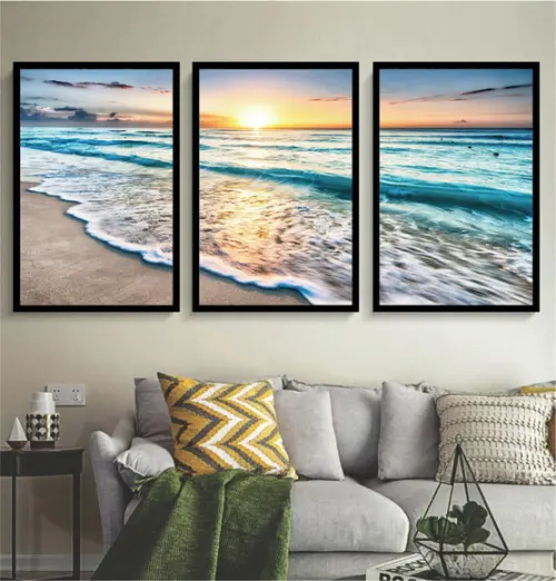 Kit 3 Quadros Decorativos Paisagem Praia Para Sala Moldura