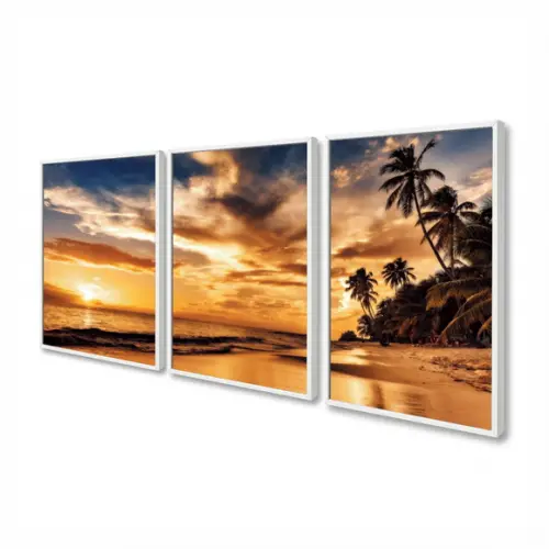 Kit 3 Quadros Decorativos Paisagem Praia Pôr Do Sol Moldura
