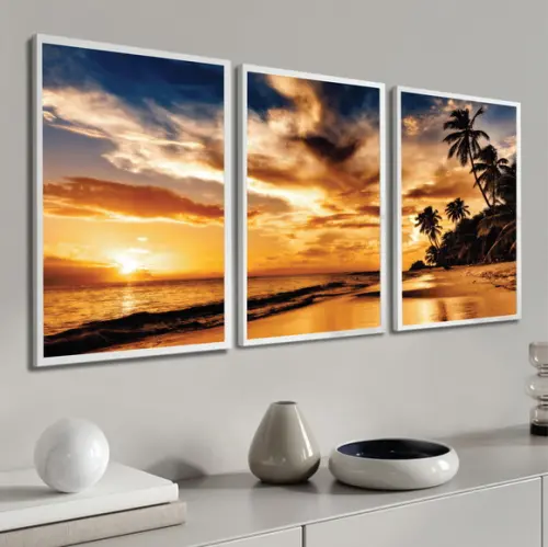Kit 3 Quadros Decorativos Paisagem Praia Pôr Do Sol Moldura