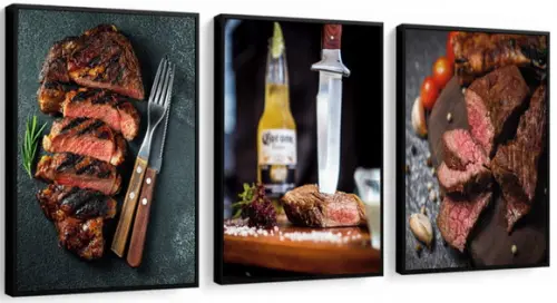 Kit 3 Quadros Decorativos Para Area De Churrasco Com Moldura