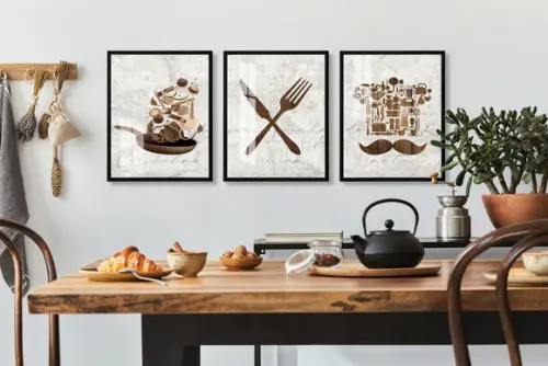 Kit 3 Quadros Decorativos Para Cozinha Com Moldura e Vidro