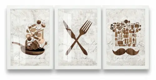 Kit 3 Quadros Decorativos Para Cozinha Moderna Moldura Vidro