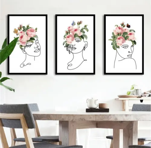 Kit 3 Quadros Decorativos Para Quarto Feminino Flor Molduras