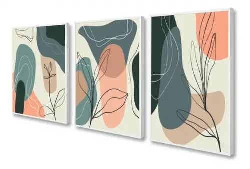 Kit 3 Quadros Decorativos Para Sala Abstrato Flores Moldura