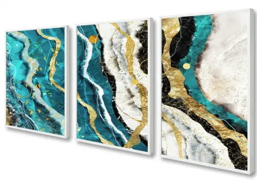 Kit 3 Quadros Decorativos Para Sala Azul Gold Com Moldura