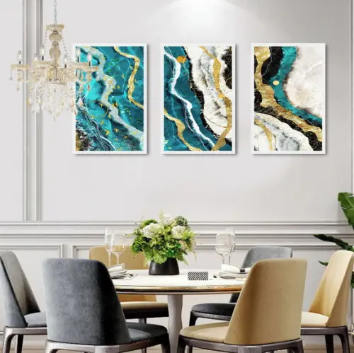 Kit 3 Quadros Decorativos Para Sala Azul Gold Com Moldura