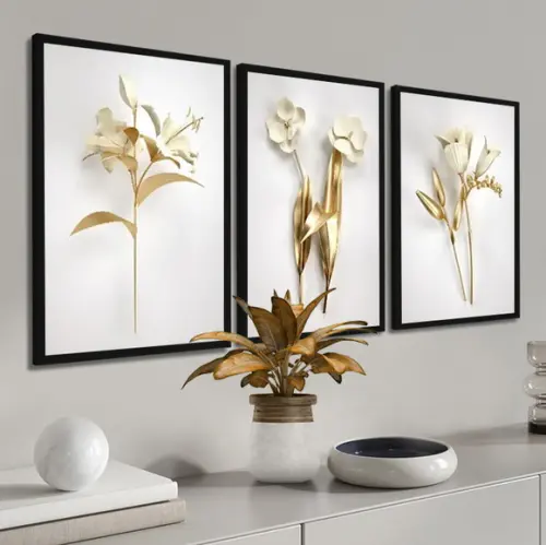 Kit 3 Quadros Decorativos Para Sala Flores Douradas Moldura
