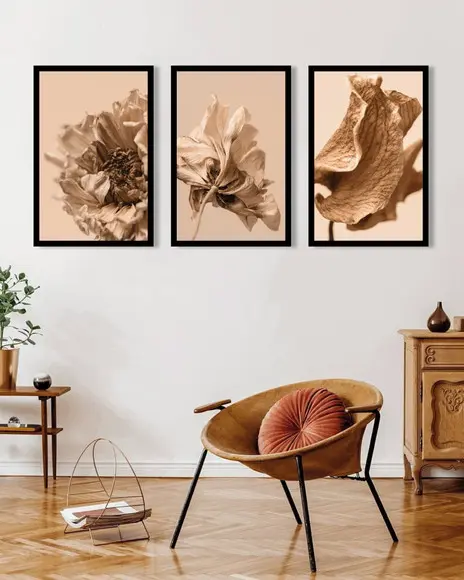 Kit 3 Quadros Decorativos Para Sala Folhagem Bege Moldura
