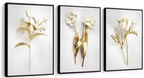 Kit 3 Quadros Decorativos Para Sala Flores Douradas Moldura