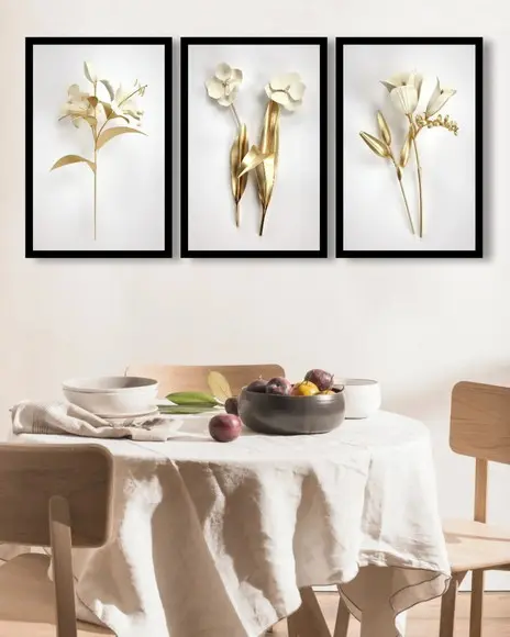 Kit 3 Quadros Decorativos Para Sala Flores Douradas Moldura