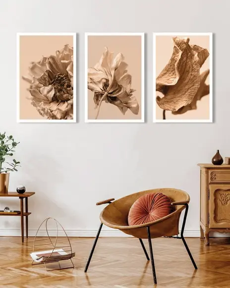 Kit 3 Quadros Decorativos Para Sala Folhagem Bege Moldura