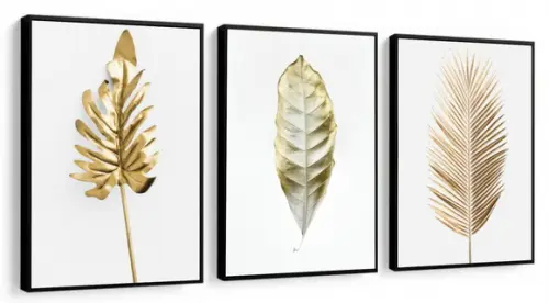 Kit 3 Quadros Decorativos Para Sala Folhagem Dourada Moldura