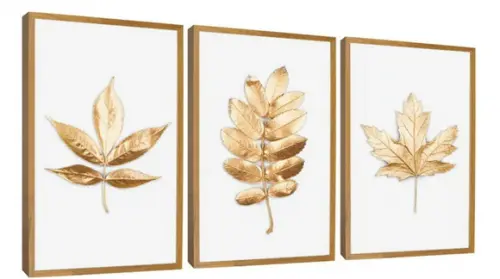 Kit 3 Quadros Decorativos Para Sala Folhagem Dourada Moldura