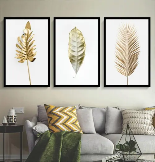 Kit 3 Quadros Decorativos Para Sala Folhagem Dourada Moldura
