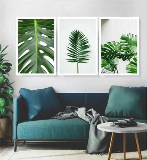 Kit 3 Quadros Decorativos Para Sala Folhagem Verde Moldura