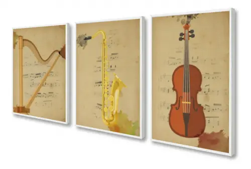 Kit 3 Quadros Decorativos Para Sala Instrumentos Com Moldura