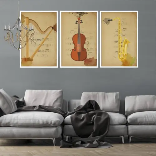 Kit 3 Quadros Decorativos Para Sala Instrumentos Com Moldura