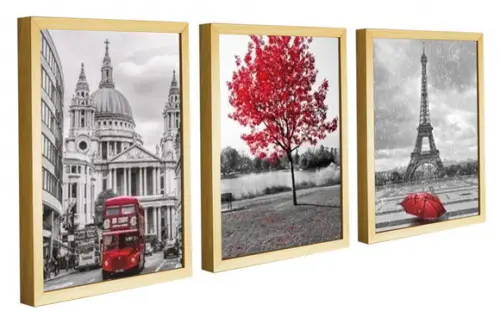 Kit 3 Quadros Decorativos Para Sala Londres e Paris Molduras