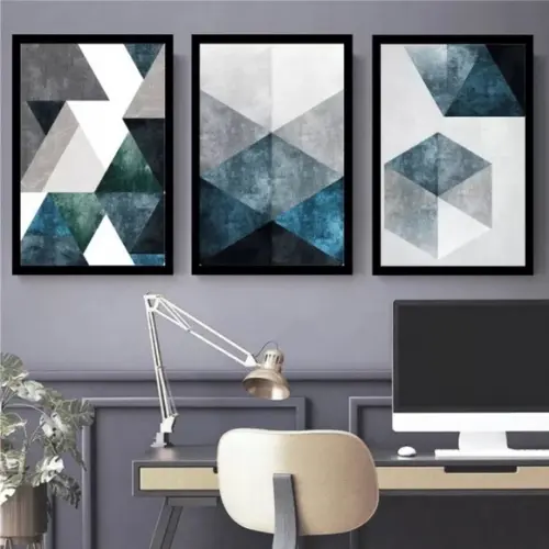 Kit 3 Quadros Decorativos Para Sala Moderno Azul Com Moldura