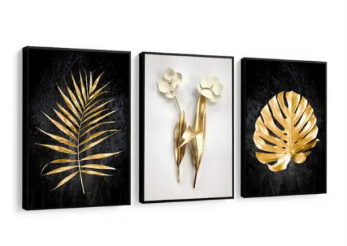 Kit 3 Quadros Decorativos para Sala Moderno Folhagem Dourada