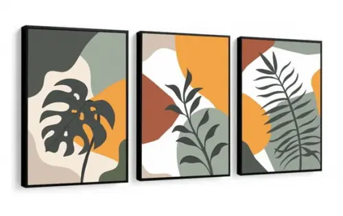Kit 3 Quadros Decorativos para Sala Moderno Folhagem Moldura