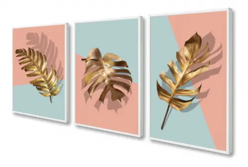 Kit 3 Quadros Decorativos Para Sala Moderno Folhagem Moldura