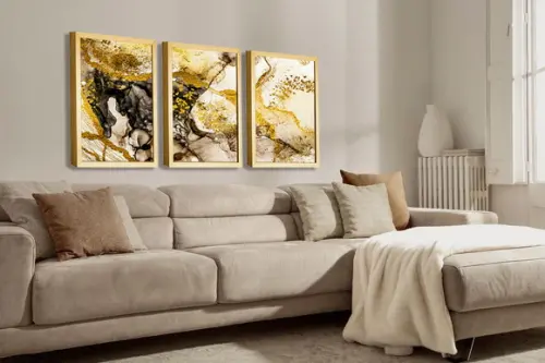 Kit 3 Quadros Decorativos Para Sala Modernos Dourado Moldura