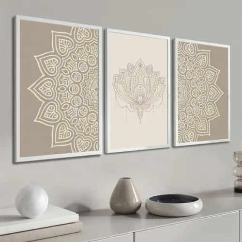 Kit 3 Quadros Decorativos Para Sala Modernos Mandala Moldura