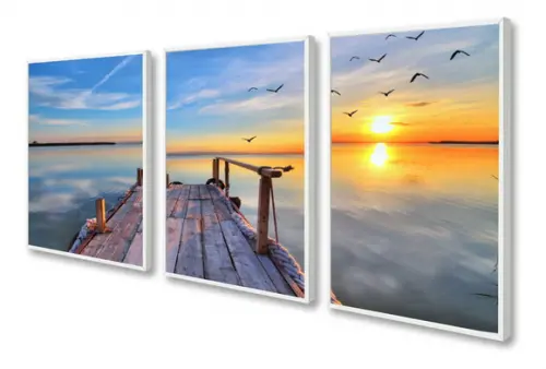 Kit 3 Quadros Decorativos Para Sala Pôr Do Sol Com Moldura