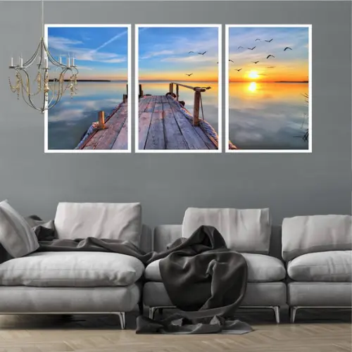 Kit 3 Quadros Decorativos Para Sala Pôr Do Sol Com Moldura