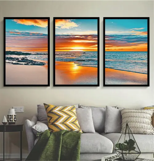 Kit 3 Quadros Decorativos Para Sala Praia Paisagem Moldura