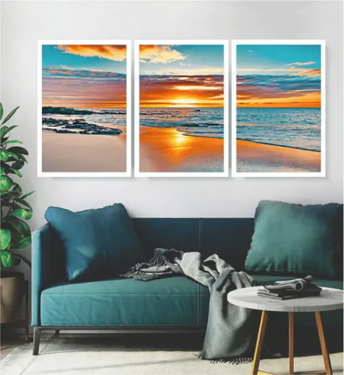 Kit 3 Quadros Decorativos Para Sala Praia Paisagem Molduras
