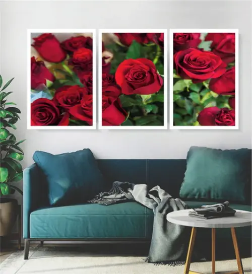 Kit 3 Quadros Decorativos Para Sala Rosas Vermelhas Moldura