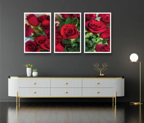 Kit 3 Quadros Decorativos Para Sala Rosas Vermelhas Moldura
