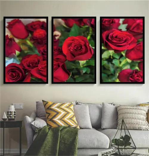 Kit 3 Quadros Decorativos Para Sala Rosas Vermelhas Molduras