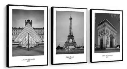 Kit 3 Quadros Decorativos Paris Preto e Branco Sala Moldura