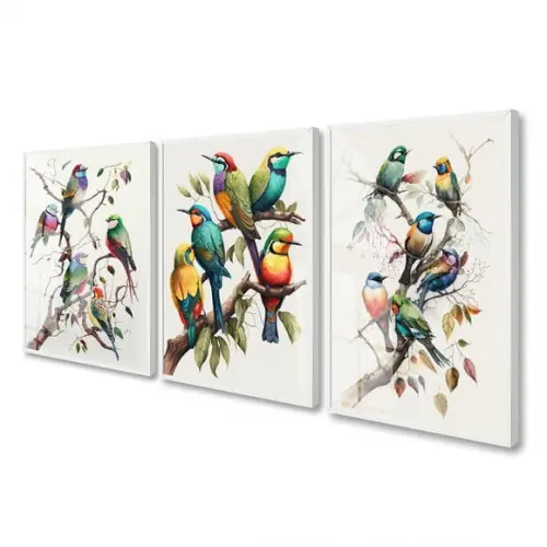 Kit 3 Quadros Decorativos Pássaros Coloridos Moldura Vidro
