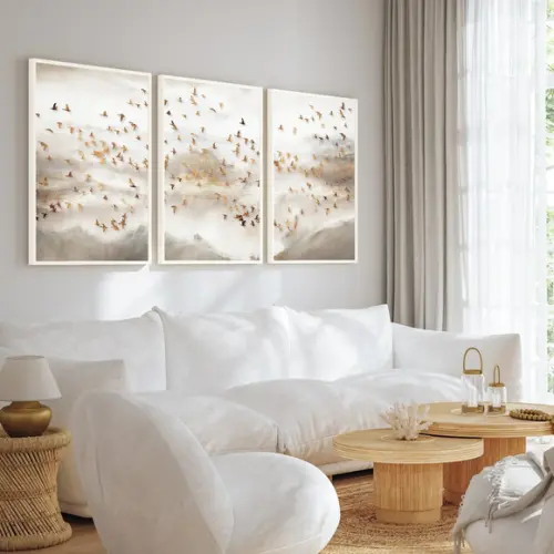 Kit 3 Quadros Decorativos Pássaros Dourados Abstrato Moldura